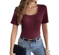 Weardear Bluse Damen Shirt Feinstrick Kurzarm T-Shirt Basic Oberteile U-förmiger Kragen Locker Lässig Sommer Shirts Tops Weinrot L von Weardear