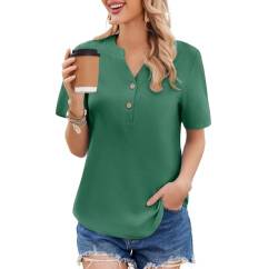 Weardear Bluse Damen Tunika Shirt Elegant Sommer Oberteil OL Knopf Kurzarm Blusen Festlich Tops T-Shirt Damenmode V-Ausschnitt Damenblusen Blusenshirt Musselin Hemdbluse Baumwolle Hemden Grün L von Weardear