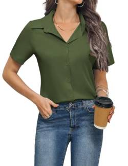 Weardear Bluse Damen V-Ausschnitt Hemdbluse Business Blusen Kurzarm Hemd Lässige Oberteile Elegant Oberteile Mit Knöpfen Hemden Oversize Grün L von Weardear