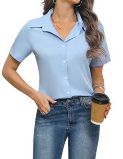 Weardear Bluse Damen V-Ausschnitt Hemdbluse Business Blusen Kurzarm Hemd Lässige Oberteile Elegant Oberteile Mit Knöpfen Hemden Oversize Hellblau L von Weardear