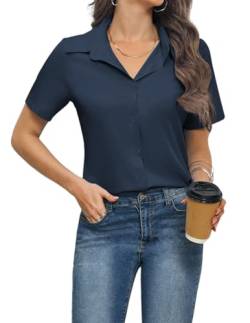 Weardear Bluse Damen V-Ausschnitt Hemdbluse Business Blusen Kurzarm Hemd Lässige Oberteile Elegant Oberteile Mit Knöpfen Hemden Oversize Navy blau L von Weardear