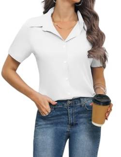 Weardear Bluse Damen V-Ausschnitt Hemdbluse Business Blusen Kurzarm Hemd Lässige Oberteile Elegant Oberteile Mit Knöpfen Hemden Oversize Weiß L von Weardear