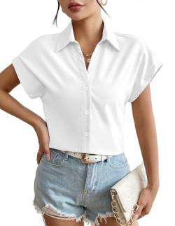 Weardear Damen Bluse Elegant V-Ausschnitt Hemden Kurzarm Arbeit Oberteile mit Knöpfen Hemd Lose Einfarbig Tops Weiß XL von Weardear