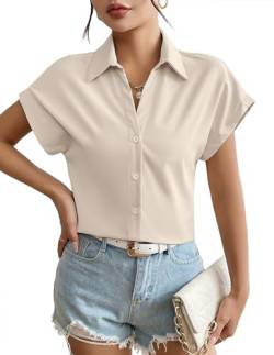 Weardear Damen Bluse V-Ausschnitt Hemd Elegant Kurzarm Tunika Tops Longshirt Oberteile mit Knöpfen T-Shirts Khaki M von Weardear
