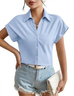 Weardear Damen Bluse V-Ausschnitt Hemd Elegant Kurzarm Tunika Tops Longshirt Oberteile mit Knöpfen T-Shirts Seeblau XL von Weardear