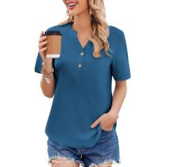 Weardear Damen Elegant Blusen V-Ausschnitt Knopf Kurzarm Oberteiel Hemdbluse Spitzen Tunika Bluse Blau M von Weardear