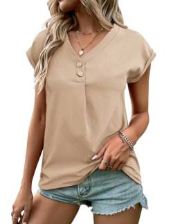 Weardear Damen Oberteile Sommer Tshirt Kurzarm Bluse mit V-Ausschnitt Einfarbige T-Shirt Tee Tops Tunika Shirt Freizeit T Shirts Beige M von Weardear