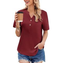 Weardear Tunika Bluse Damen Shirt Elegant Sommer Oberteil Business Knopf Kurzarm Blusen Festlich Tops T-Shirt Damenmode V-Ausschnitt Damenblusen Blusenshirt Musselin Tunika Baumwolle Hemden Rotwein L von Weardear