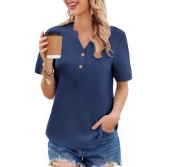 Weardear Damen Shirt V-Ausschnitt Bluse Baumwolle Tunika Sommer Basic Baumwolle Shirt Tops Einfarbig Oberteile Kurzarm Tunika Navy blau M von Weardear