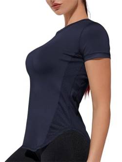 Weardear Damen Sport Fitness T-Shirt Kurzarm Laufshirt Mesh Seiten Schnelltrocknend Sport Oberteile Damen Navy Blau L von Weardear