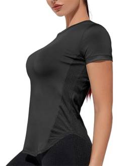 Weardear Damen Sport T-Shirt Kurzarm Sportshirt Atmungsaktive Fitness Gym Yoga Shirt Mesh Seiten Funktionsshirt Schwarz M von Weardear