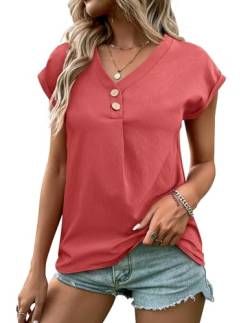 Weardear Damen T-Shirt Kurzarm V-Ausschnitt Flügelärmeln Oberteile Blusen Sommer Casual Lose Shirt Basic Tops Rot XL von Weardear