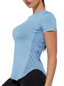 Weardear Sport T-Shirt Damen Kurzarmshirt Frauen Mesh Seiten Damen Trainningsshirt Atmungsaktives Sport Tshirt Hellblau L von Weardear