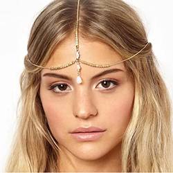 Wedity Boho Wassertropfenform Stirnanhänger Kopfbedeckung Stirnkette Augenbrauenanhänger Haarschmuck Perlenkopfkette für Frauen und Mädchen von Wedity