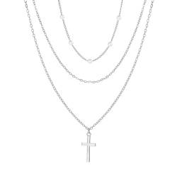 Wedity Kreuz Halskette Perlenkragen Kette Layered Cross Anhänger Halsketten Einfache Nette Halsketten Schmuck für Frauen (Silber) von Wedity