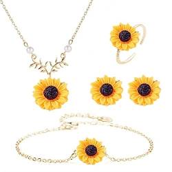 Wedity Sonnenblumen-Halskette, Sonnenblumen-Ohrringe, Ring, Blumen-Armbänder, Schmuck-Set, verstellbar, für Frauen und Mädchen (Gold) von Wedity