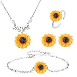 Wedity Sonnenblumen-Halskette, Sonnenblumen-Ohrringe, Ring, Blumen-Armbänder, Schmuck-Set, verstellbar, für Frauen und Mädchen (Silber) von Wedity
