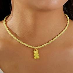 Wedity Teddybär-Anhänger-Halskette, Bonbonfarbe, handgefertigte Reisperlen-Halskette, süßer Kragenschmuck für Frauen und Mädchen (Gelb) von Wedity