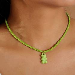 Wedity Teddybär-Anhänger-Halskette, Bonbonfarbe, handgefertigte Reisperlen-Halskette, süßer Kragenschmuck für Frauen und Mädchen (Grün) von Wedity