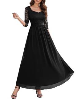 Wedtrend Cocktailkleid Langarm Damen V-Ausschnitt Kleid Damen Elegante Kleider Damen Lang Kleider Damen mit Spitzen WT0312 Black XL von Wedtrend