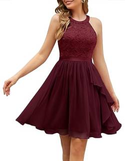 Wedtrend Kleid Damen Elegant Cocktailkleid Damen Abendkleid Damen Rüschenkleid Damen Chiffon Kleider Damen Neckholder Kleider Damen Festlich WT0213 Burgundy S von Wedtrend