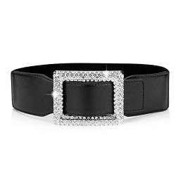 Weenkeey Breiter Elastischer Taillengürtel Vintage Breiter Hüftgürtel Mode Cinch Gürtel mit Strass Schnalle für Kleid Hemden Mantel - Schwarz von Weenkeey