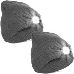 2 Stück LED Unisex Mütze Beanie Cap mit 3 Weißlicht Modi, Aufleuchten Hut Handfreie Taschenlampe USB Wiederaufladbare Unisex Winter Strickmütze Warmer Hut (Grau) von Weewooday