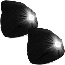 2 Stücke LED Unisex Mütze Beanie Cap mit 3 Weißlicht Modi, Leuchtender HutHandfreie Taschenlampe USB Wiederaufladbare Unisex Winter Strickmütze Warmer Hut (Schwarz) von Weewooday