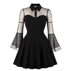 Wellwits Cocktailkleid für Damen mit Keyhole, langen Armen, Netz, knielang, Glockenrock, Schwarz , 40-42 von Wellwits