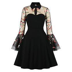 Wellwits Damen Blüten Stickarbeit Netzwerk Klingel Lang Ärmel Gothic Cocktailkleid 2XL von Wellwits