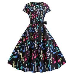 Wellwits Damen Kleid mit Flügelärmeln und Musiknotendruck 1950er Jahre Vintage Swing Kleid - Schwarz - 40 von Wellwits