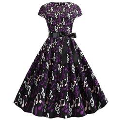 Wellwits Damen Kleid mit Flügelärmeln und Musiknotendruck 1950er Jahre Vintage Swing Kleid - Violett - 44/46 von Wellwits
