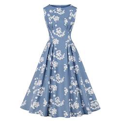 Wellwits Damen Plissee Details Hohe Taille Polka Dots Teelänge Vintage Kleid, Weißes Blumenmuster in Blau, 48 von Wellwits