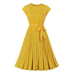 Wellwits Damen Polka Dots Flügelärmel Plissee Vintage Kleid, gelb, X-Large von Wellwits