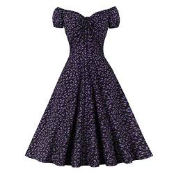 Wellwits Damen Polka Dots Krawatte Geraffte Front 1950er Vintage Kleid, Blumenmuster in Schwarz, 44-46 von Wellwits