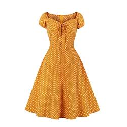 Wellwits Damen Polka Dots Krawatte Geraffte Front 1950er Vintage Kleid, Weiße Punkte in Gelb, 36 von Wellwits