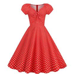 Wellwits Damen Polka Dots Krawatte Geraffte Front 1950er Vintage Kleid, Weiße Punkte in Rot, 36 von Wellwits