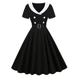 Wellwits Damen Revers V Ausschnitt Plaid Tasche 1940er 1950er Vintage Swing Kleid, Schwarz, 38 von Wellwits