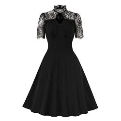 Wellwits Damen Stehkragen Diamantausschnitt Plissee vorne 1940er Jahre Vintage Kleid, Schwarze Spitze, 44 von Wellwits