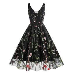 Wellwits Damen Tiefer V Ausschnitt Blumenstickerei Netz Forest Halloween Cocktail Kleid Schwarz 2XL von Wellwits