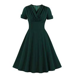 Wellwits Damen V-Ausschnitt Wrap Hohe Taille Solid Retro 40er 50er 60er Vintage Kleid, dunkelgrün, 46 von Wellwits