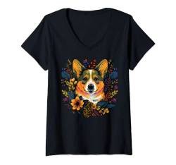 Damen Niedliche Blume, Sommerblume, walisischer Corgi T-Shirt mit V-Ausschnitt von Welsh Corgi lover apparel for Welsh Corgi owner