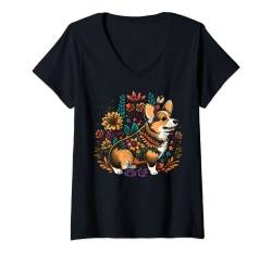 Damen Niedliche Blume, Sommerblume, walisischer Corgi T-Shirt mit V-Ausschnitt von Welsh Corgi lover apparel for Welsh Corgi owner