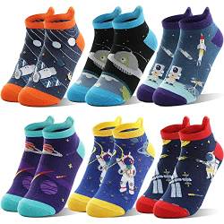 Kinder Lustige Socken Jungen Sneaker Socken Bunte Kurze Kindersocken Cartoon Baumwolle Kleinkind Geschenke Socken 6 Paare (Weltraum, 1-3 Jahre) von Welwoos
