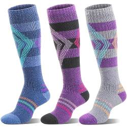 Welwoos Skisocken aus Merinowolle für Damen Herren Warme Wolle Thermosocken Dicke Lange Wintersocken Kompressions-Snowboardsocken Atmungsaktiv Geschenke Ski Socken 3 Paare(Blau/Lila/Grau,L) von Welwoos