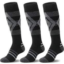 Welwoos Skisocken aus Merinowolle für Damen Herren Warme Wolle Thermosocken Dicke Lange Wintersocken Kompressions-Snowboardsocken Atmungsaktiv Geschenke Ski Socken 3 Paare(Diamant-Schwarz,L) von Welwoos