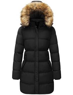 WenVen Damen Lang Wintermantel Winddicht Puffer Jacke Dicke Steppjacke Warm Polstermantel Winter Parka mit Kunstpelz Kapuze Schwarz L von WenVen