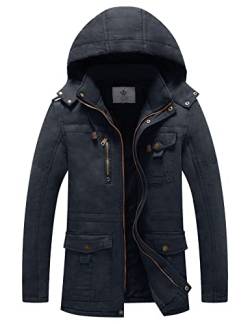 WenVen Herren Winter Outdoor Jacke Warme Fleece Futter Mantel Kapuze Winddichte Jacke Mittellange Lässige Outerwear Mäntel Navy L von WenVen