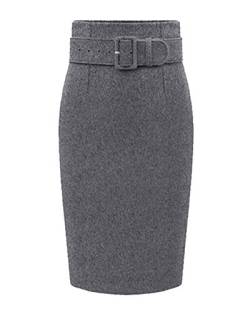 Damen Wollmischung Midi Bleistiftrock Bodycon Knielanger Rock mit Gürtel Rauchfarben L von Wenchuang