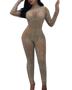 Wenchuang Damen Langarm Durchsichtiges Mesh Paillette Sparkly Bodycon Jumpsuit Clubwear Aprikose S von Wenchuang